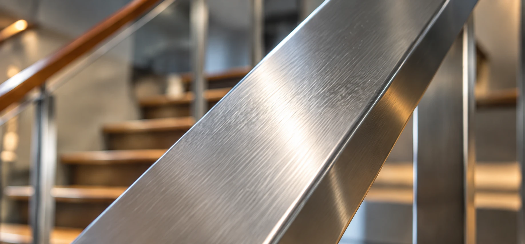 Close-up of a brushed steel stair handrail showing its directional finish