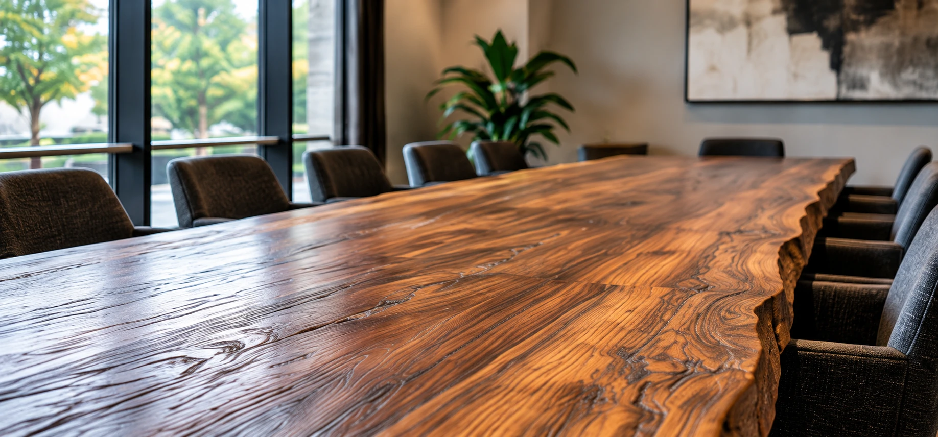 Live-edge wood conference table in a sunlit office