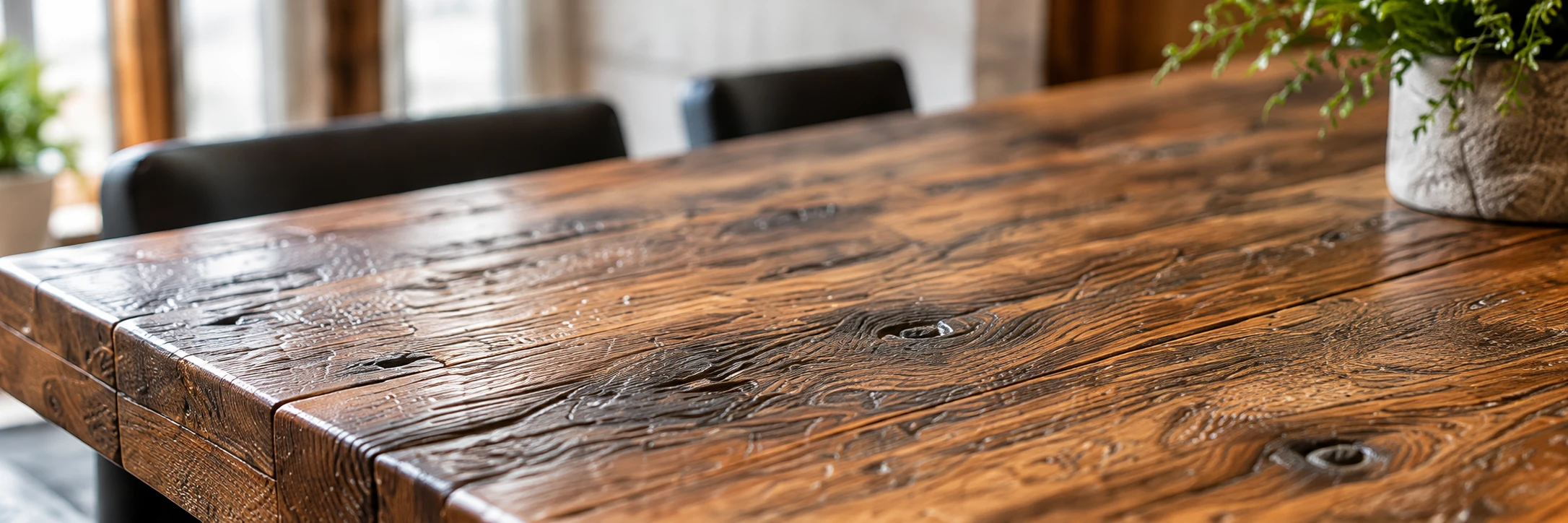 Reclaimed wood tabletop with a decorative vase, showing the wood’s natural grain and character