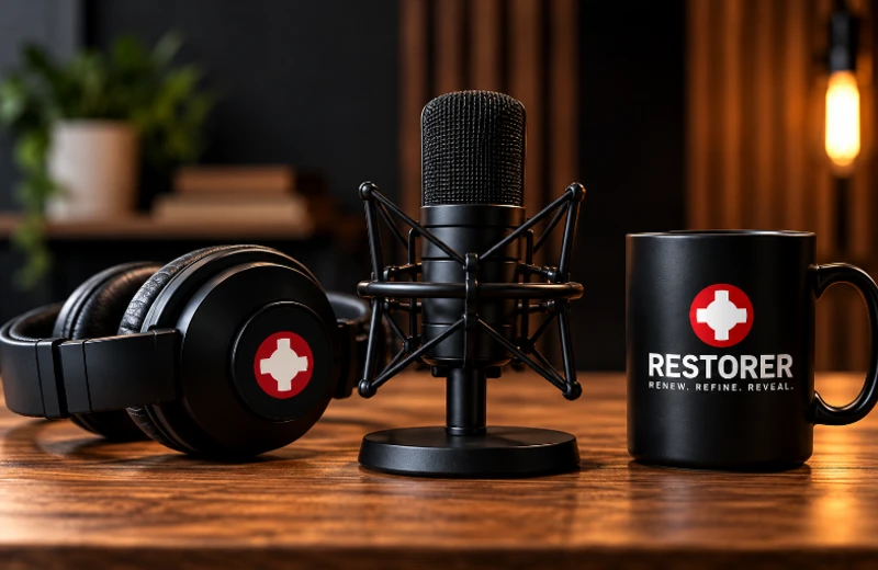RESTORER podcast studio with microphone, headphones and branded mug