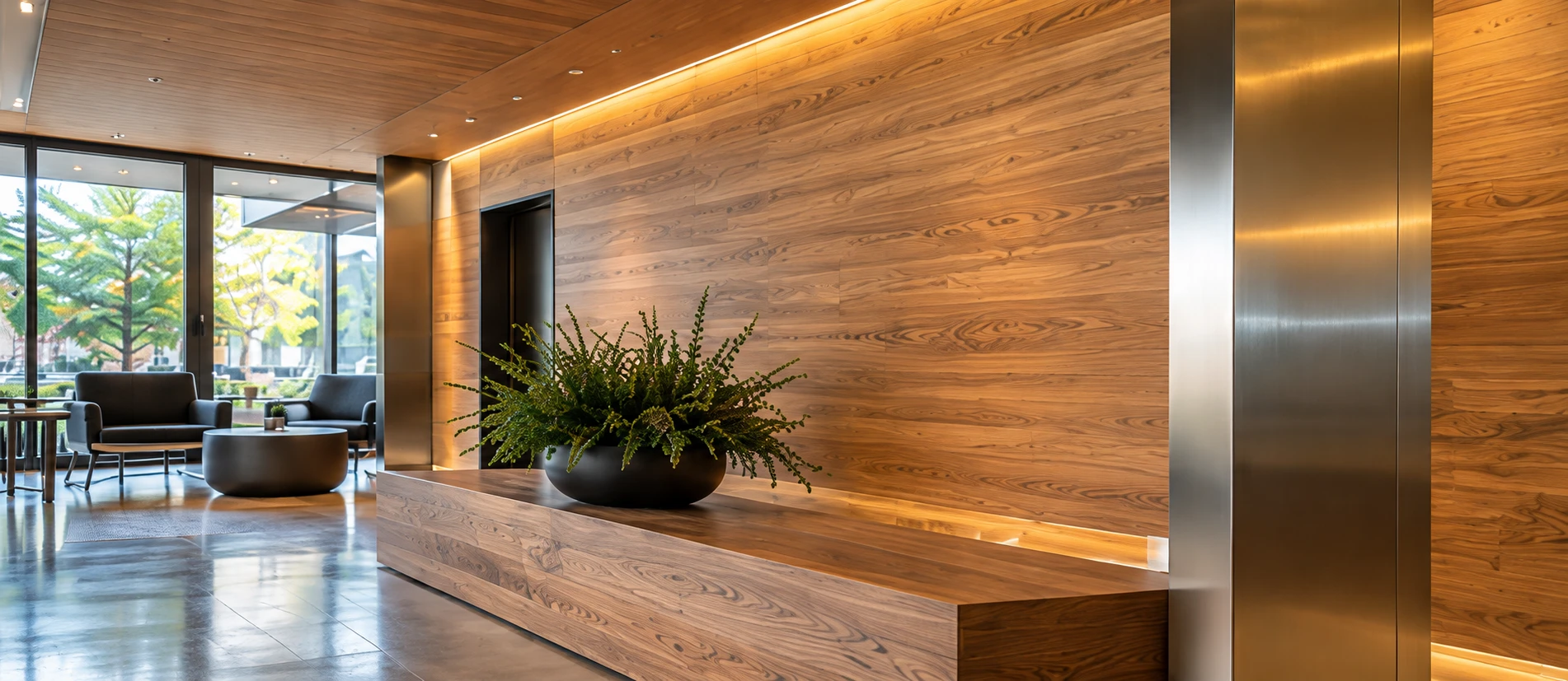 Modern reception interior with wood feature walls and brushed metal details