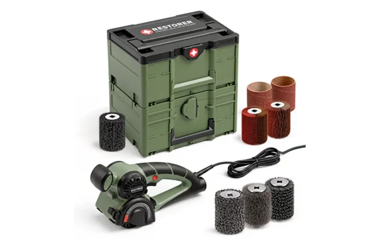 RESTORER Architectural Finish System with tool, storage case, and assorted finishing drums